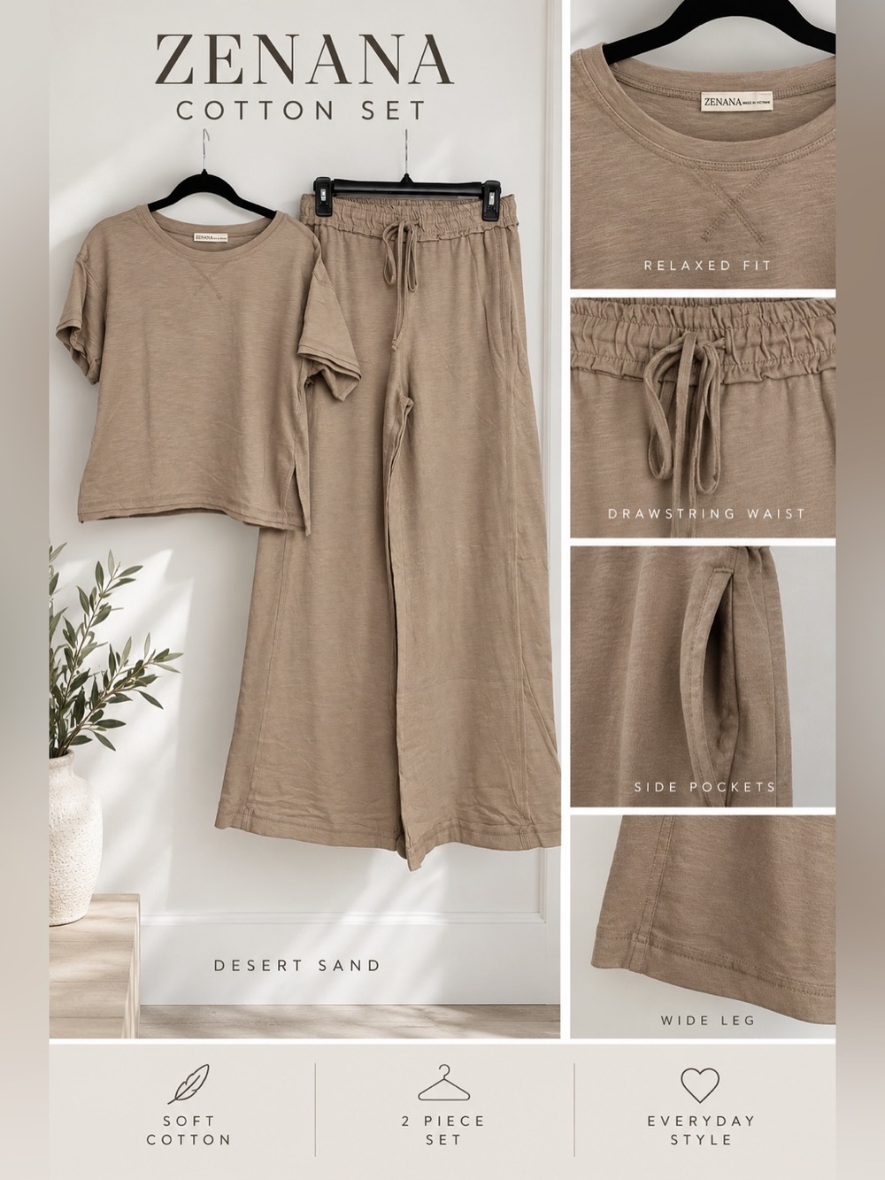Zenana Outfitters Wide-Leg Cotton Pants in Desert Sand Taupe